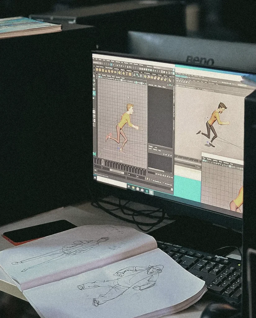 proceso de animación 3D en software con personaje en movimiento