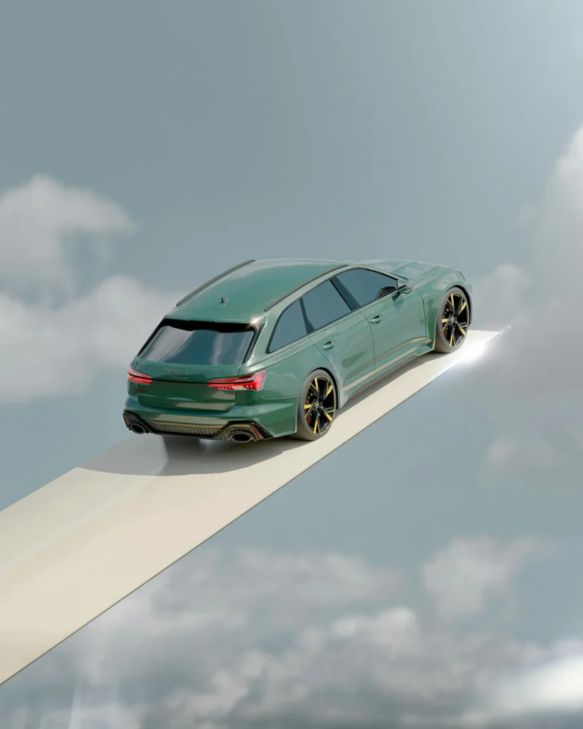 escena 3D compleja con vehículo, iluminación y entorno